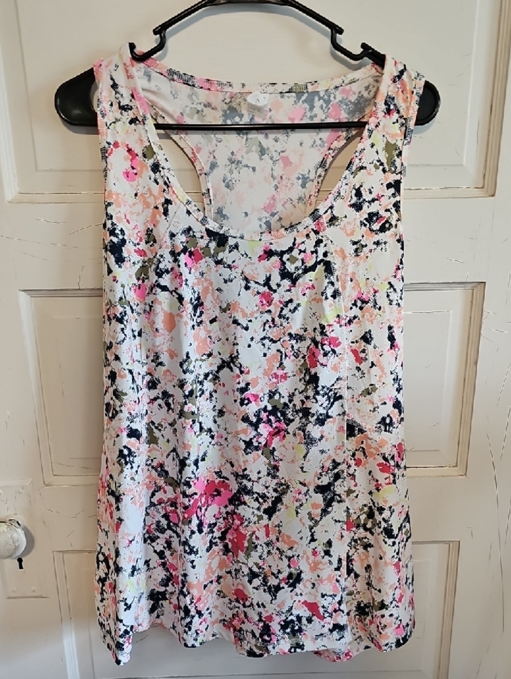 Livi Active White Tank Top with Pink, Black & Olive Paint-Splash Print